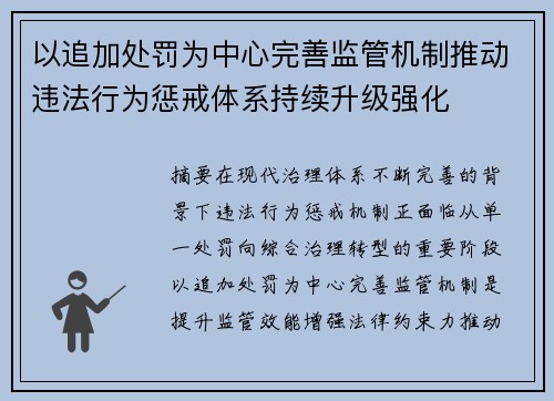 以追加处罚为中心完善监管机制推动违法行为惩戒体系持续升级强化 以追加处罚为中心完善监管机制推动违法行为惩戒体系持续升级强化